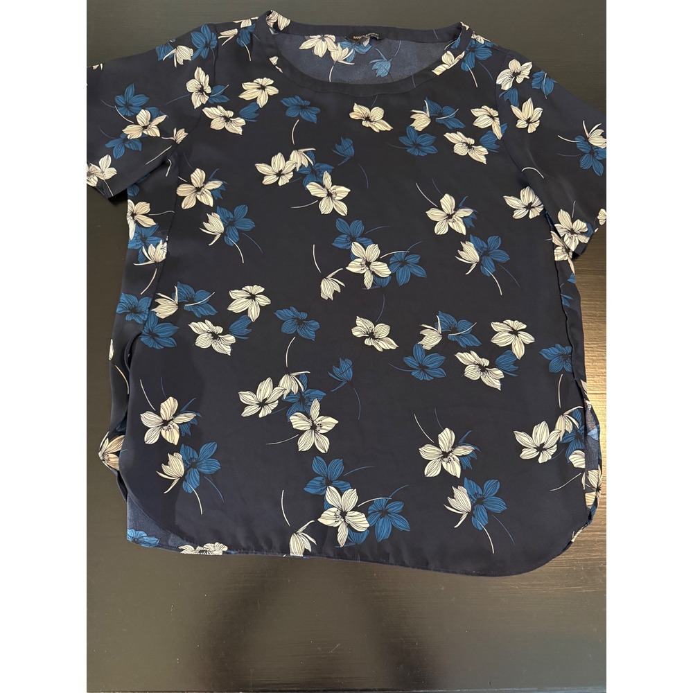 Banana Republic Womens XL Navy Blue Floral Short Sleeve Crew Neck Blouse Top